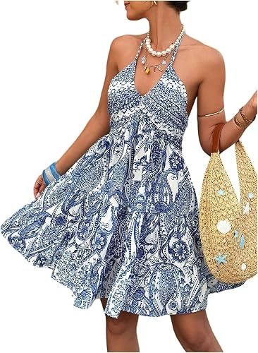 Blue And White Paisley Halter Neck Dress image 3