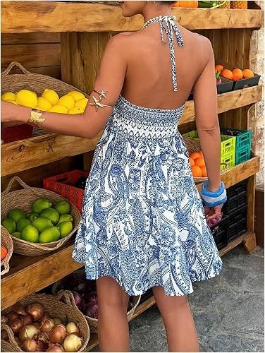 Blue And White Paisley Halter Neck Dress image 4