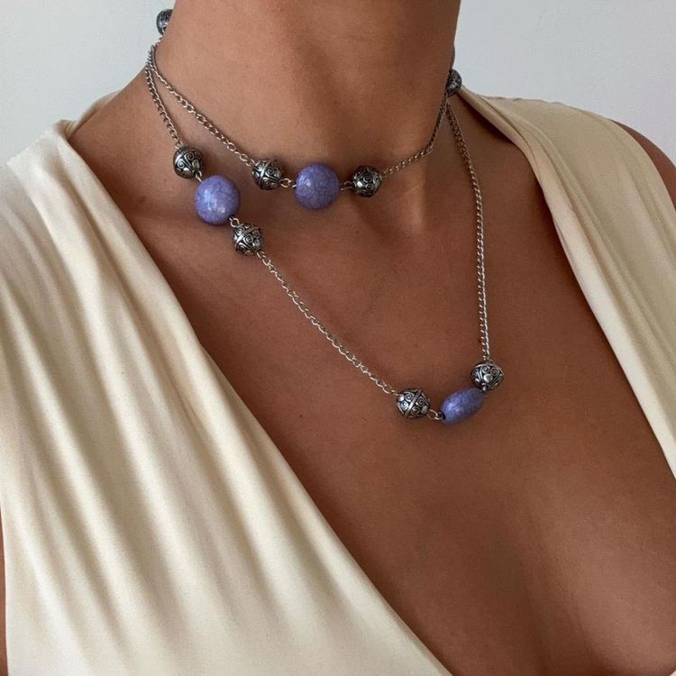 Y2K Collection 🐬 Silver chain lilac beaded layered necklace 🤍 
