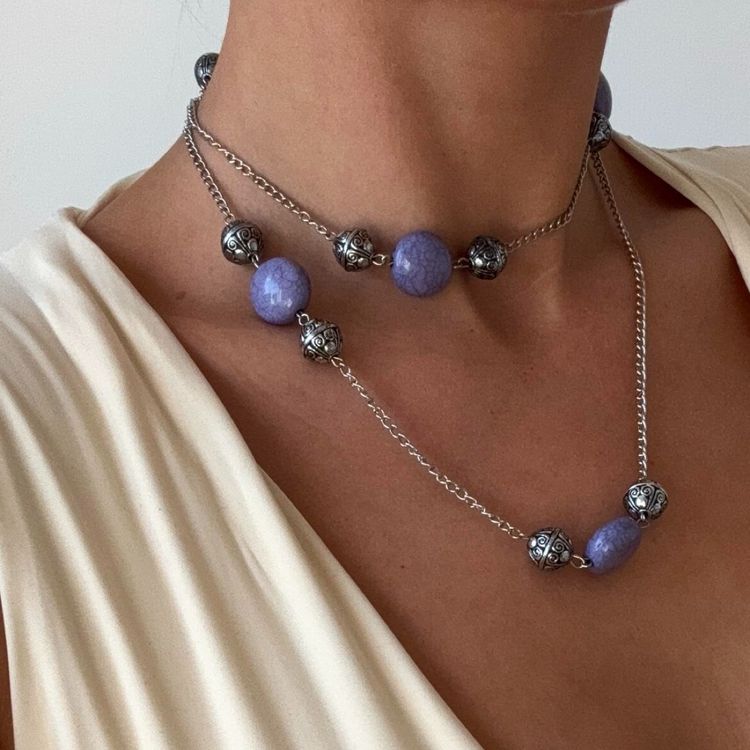 Y2K Collection 🐬 Silver chain lilac beaded layered necklace 🤍  image 3