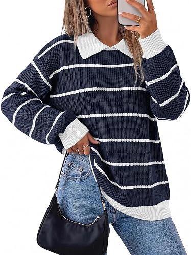 Immagine di Navy Blue And White Striped Sweater With Collar 2