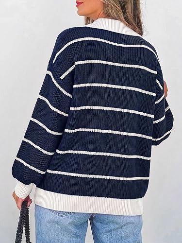 Immagine di Navy Blue And White Striped Sweater With Collar 3