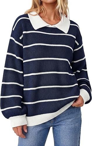 Navy Blue And White Striped Sweater With Collar image 1