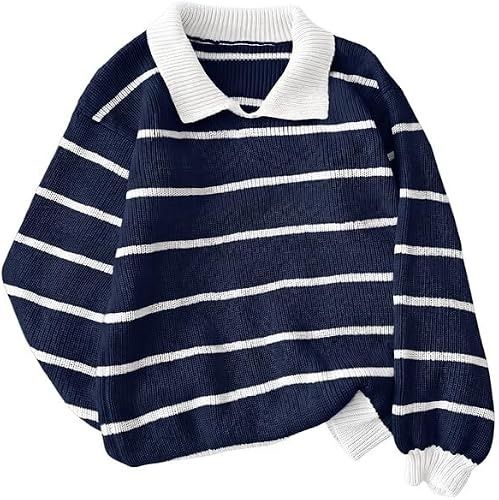 Immagine di Navy Blue And White Striped Sweater With Collar 4