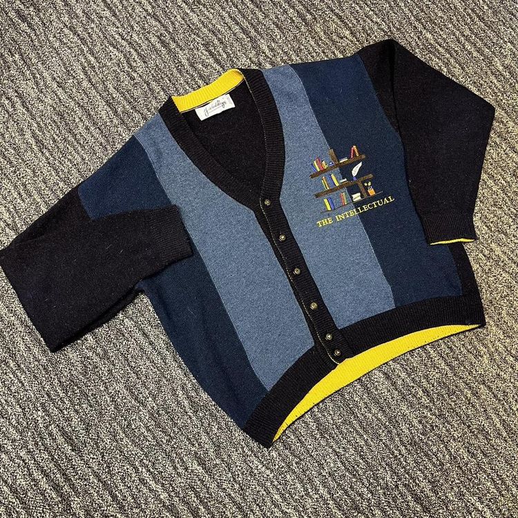 Other Vintage Cardigan, Button Up Block Colour 'The Intellectual' Embroidered Design in Blue product image