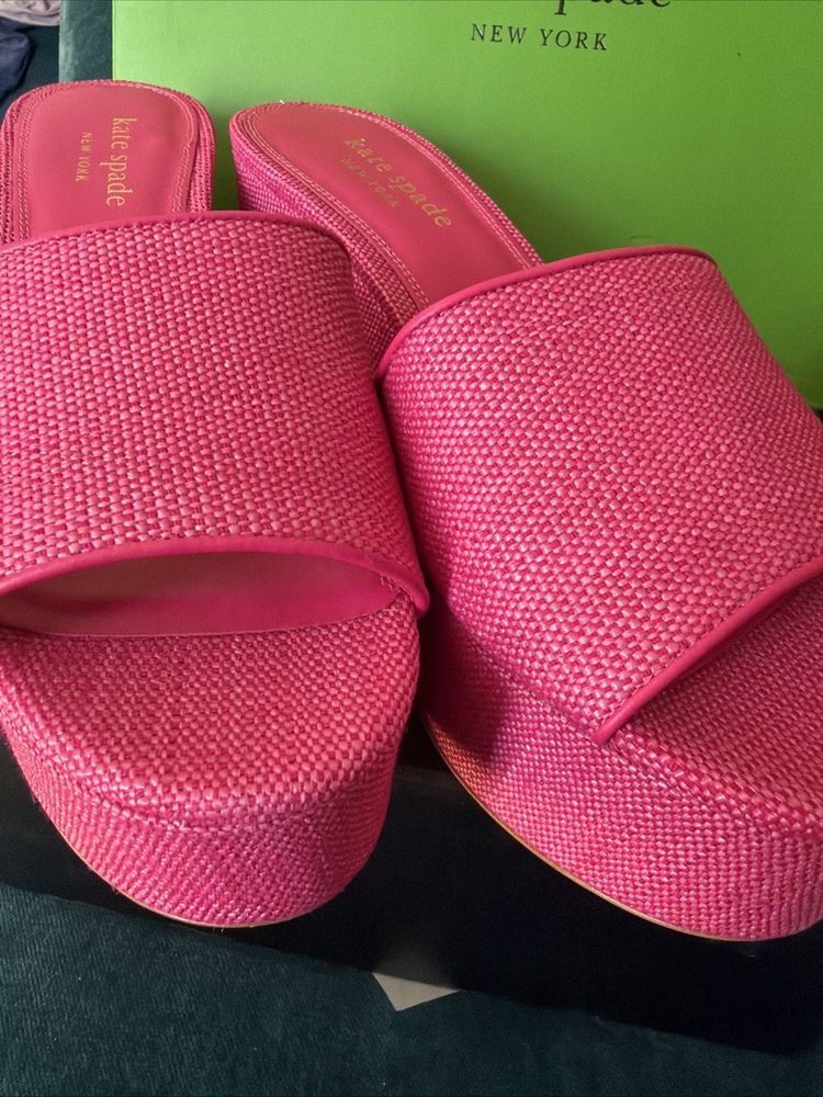 Kate Spade NY Ibiza Fine Raffia Rose Jam Pink Platform Sandals Mule Uk 4.5 BNIB image 3
