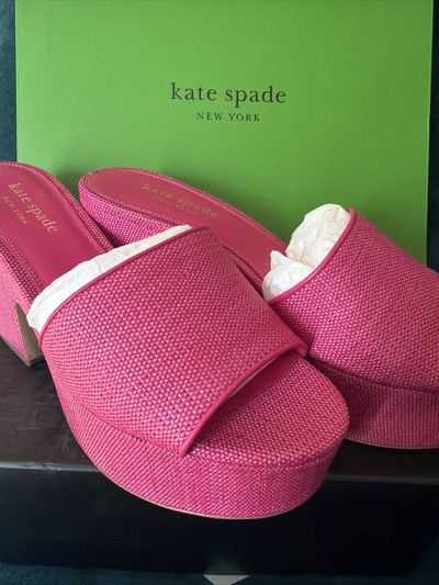 Kate Spade NY Ibiza Fine Raffia Rose Jam Pink Platform Sandals Mule Uk 4.5 BNIB