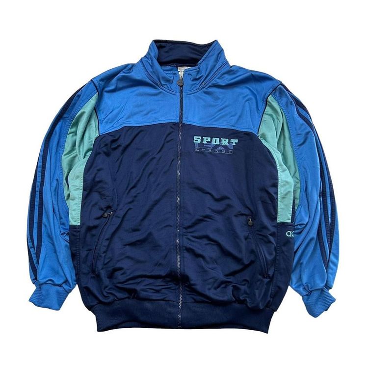 Vintage adidas blue & green colour block sport change track jacket. Retro design, lovely embroidery