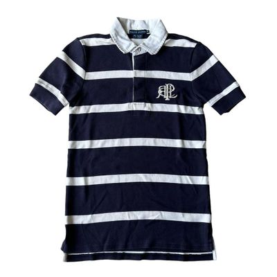 Ralph Lauren navy blue & white striped chest logo polo shirt/rugby shirt. 1