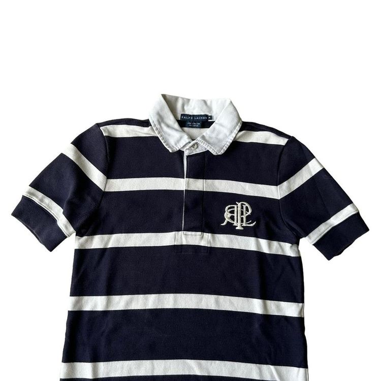 Ralph Lauren navy blue & white striped chest logo polo shirt/rugby shirt. 2