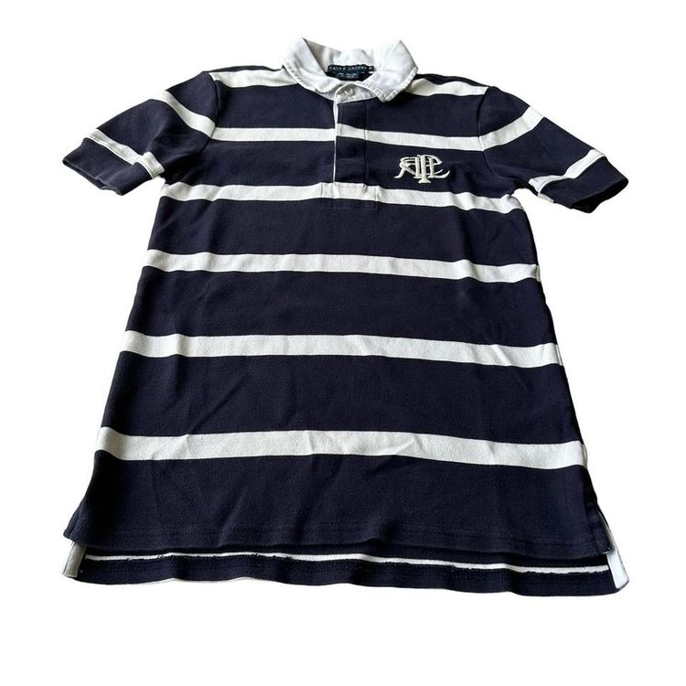 Ralph Lauren navy blue & white striped chest logo polo shirt/rugby shirt. 4