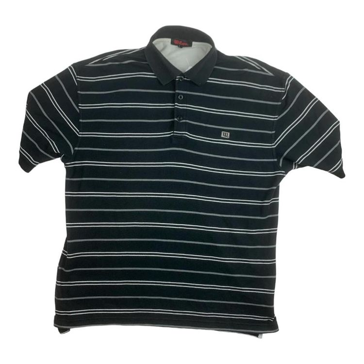 Wilson White Striped Black Short Sleeved Button Up Polo Shirt Mens Size L