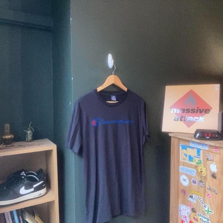 Champion Velour Spell Out Tee in Navy Blue
