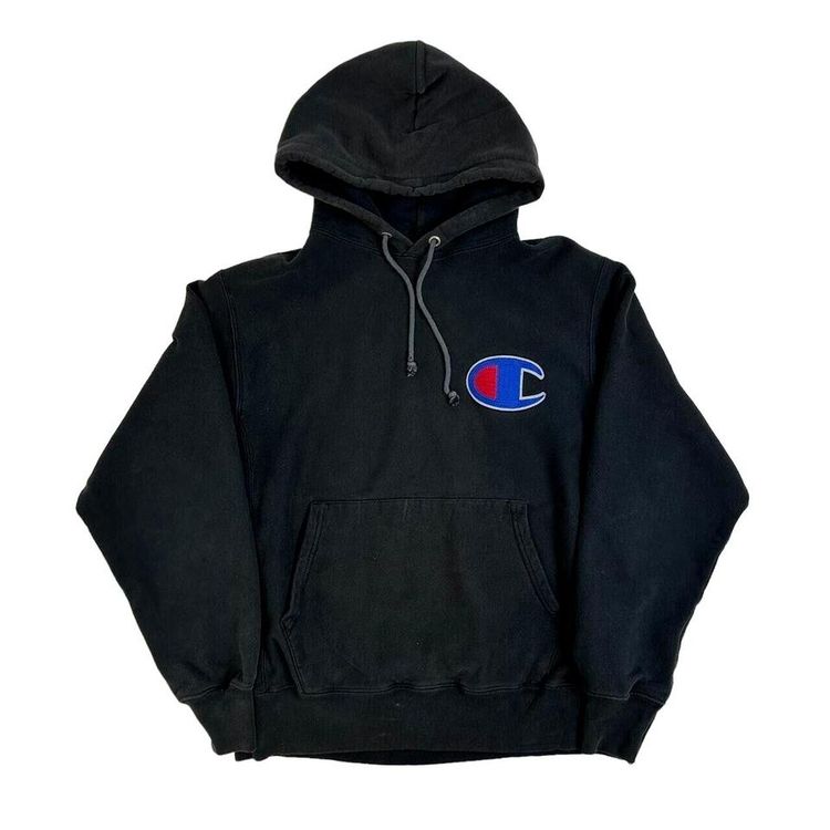 Champion Embroidered Logo Black Long Sleeved Hoodie Size Mens M 1