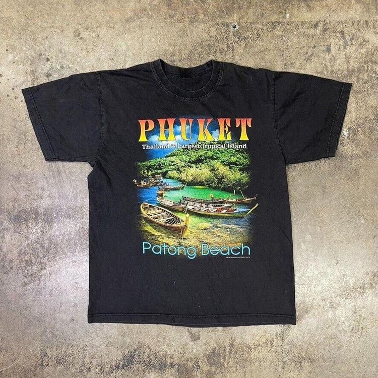 Phuket Thailand Graphic 90s USA Graphic T-Shirt Tourist Tee, Black, Mens XL