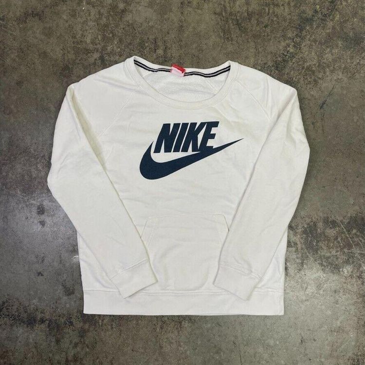 Nike Sweatshirt Spellout Swoosh Pull Over Sports Jumper, White, Womens Large image 1