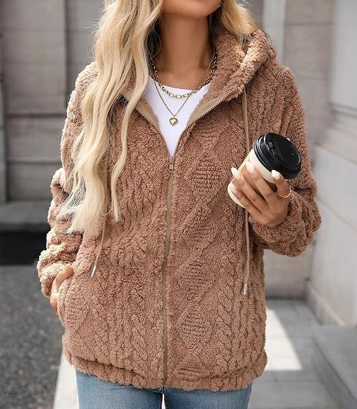 Brown Zip-Up Hooded Fleece Jacket image 3