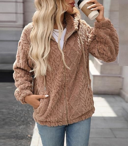 Brown Zip-Up Hooded Fleece Jacket image 2