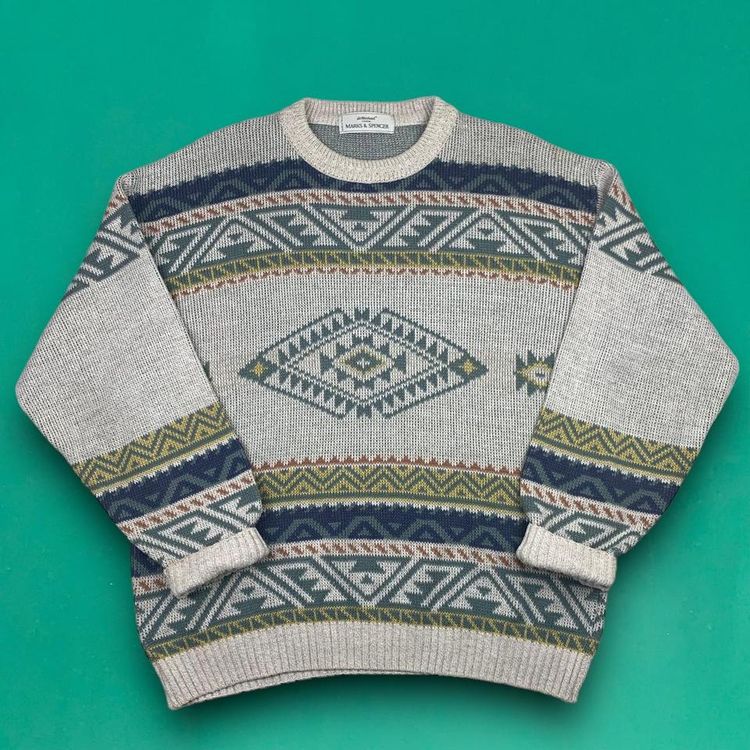 St Michael Vintage 90s Retro Crazy Heavy Knitted Knit Crew Neck Jumper Made in UK Grey M image 1