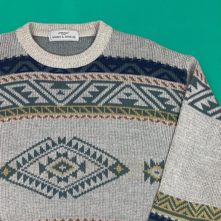 St Michael Vintage 90s Retro Crazy Heavy Knitted Knit Crew Neck Jumper Made in UK Grey M image 2