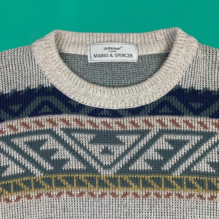 St Michael Vintage 90s Retro Crazy Heavy Knitted Knit Crew Neck Jumper Made in UK Grey M image 3
