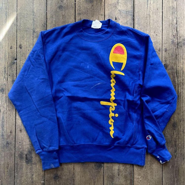 Champion Reverse Weave Sweatshirt Spellout Jumper, Blue, Mens Medium image 1