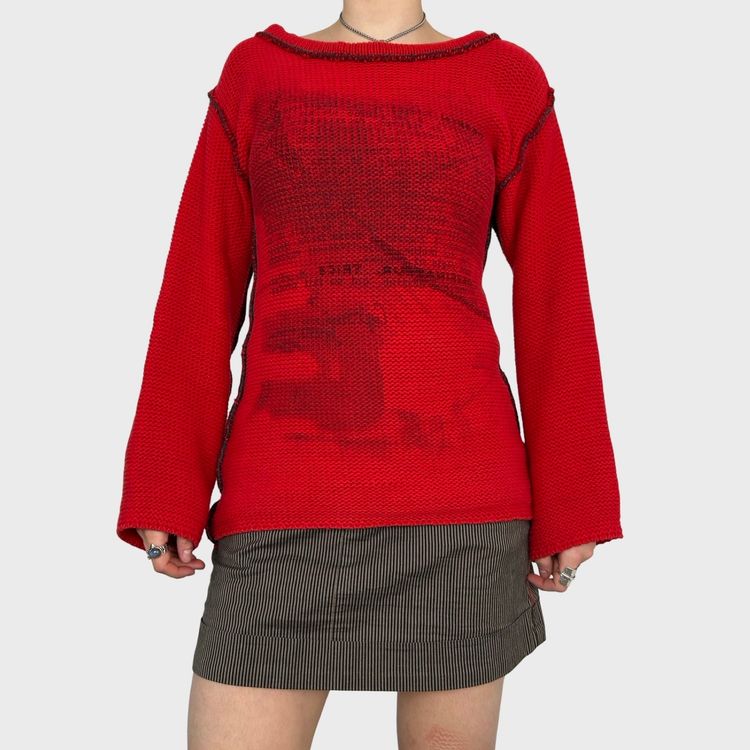 Cop Copine Red Graphic Chunky Knit Jumper - M