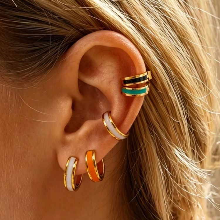 White Gold-Tone Enamel Hoop Earrings