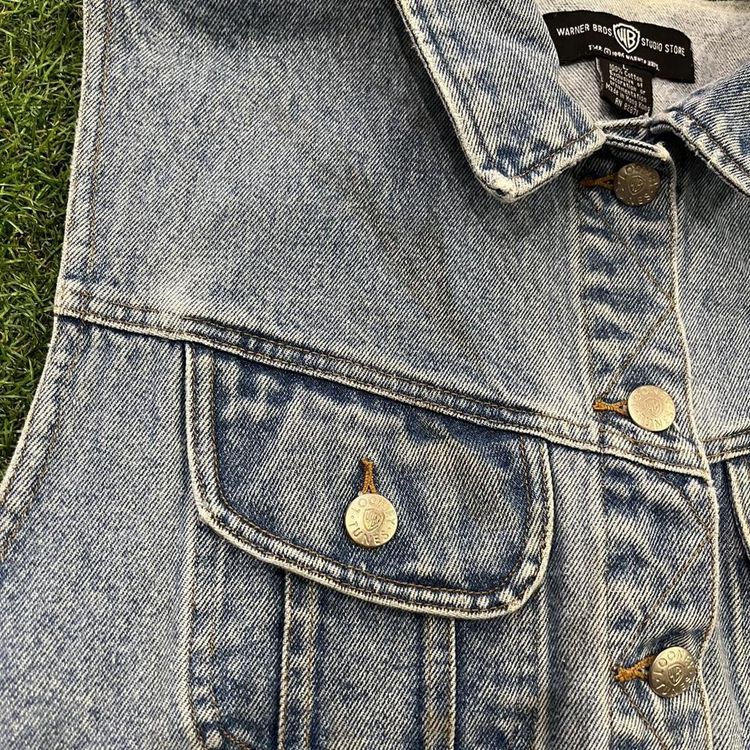 Womens Lonney Tunes denim jacket with embroidered back graphic image 2