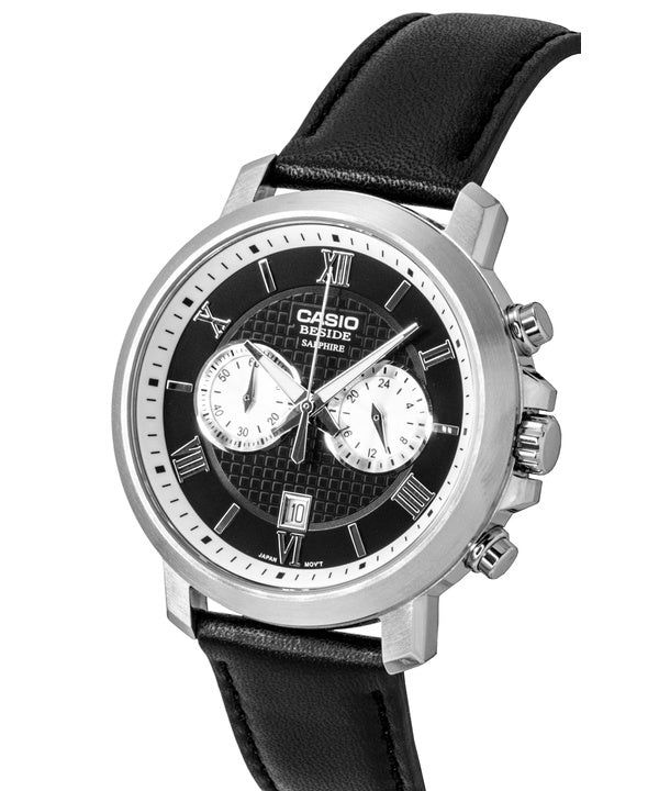 Casio Beside Chronograph Analog Leather Strap Black Dial Quartz BMS-500L-1A Men's Watch obraz 4