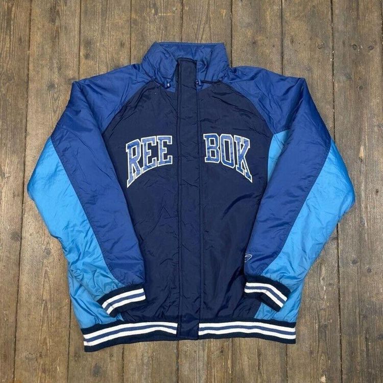 Reebok Puffer Jacket Y2K Vintage Sports Full-Zip Coat, Navy, Mens Large image 1