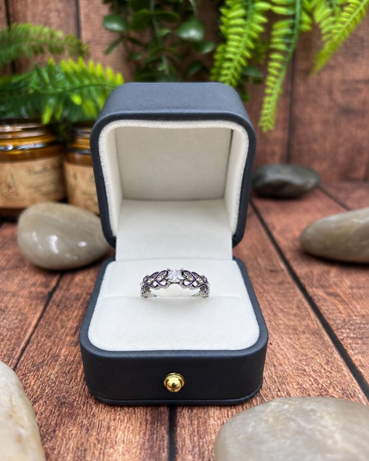 925 Sterling Silver Purple Enamel Celtic Ring – Clear Stone Solitaire image 1
