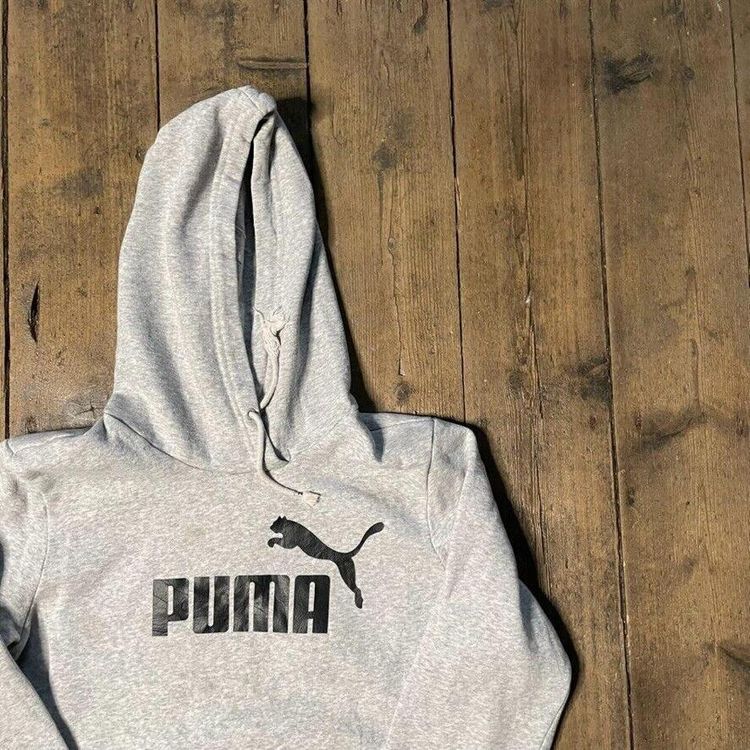 Puma Hoodie Spellout Y2K Sports Sweatshirt, Grey, Womens Large 2