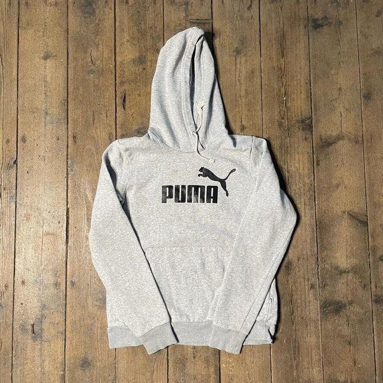 Puma Hoodie Spellout Y2K Sports Sweatshirt, Grey, Womens Large