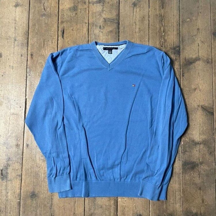 Tommy Hilfiger Jumper Knit V-Neck Knitted Sweater, Blue, Mens XL