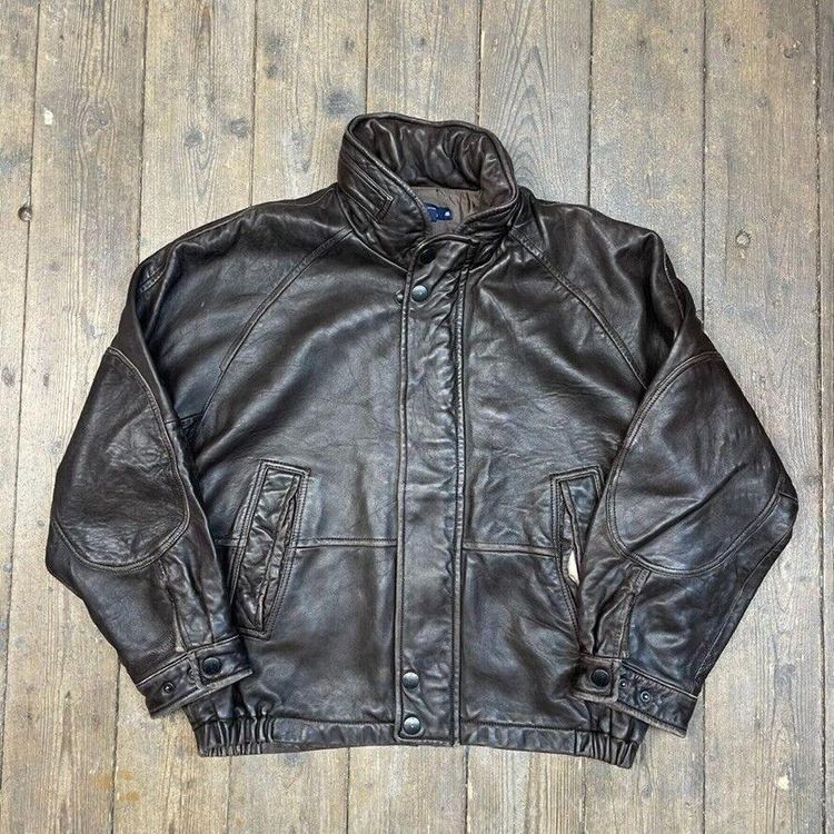 Nautica Leather Jacket 90s USA Vintage Full Zip Bomber Coat, Brown, Mens 2XL