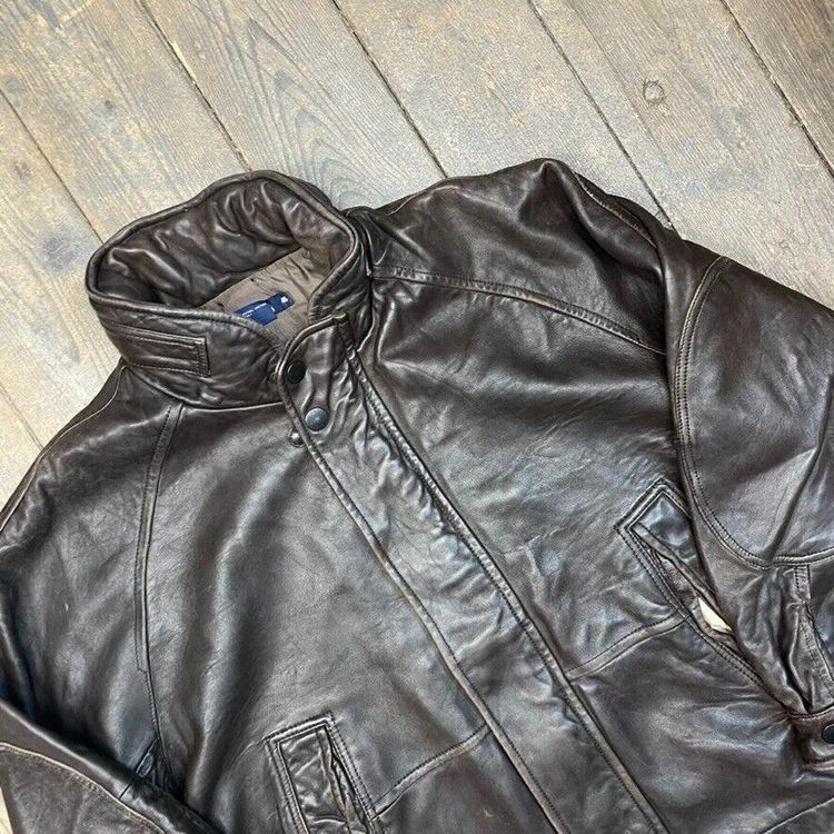 Nautica Leather Jacket 90s USA Vintage Full Zip Bomber Coat, Brown, Mens 2XL 3