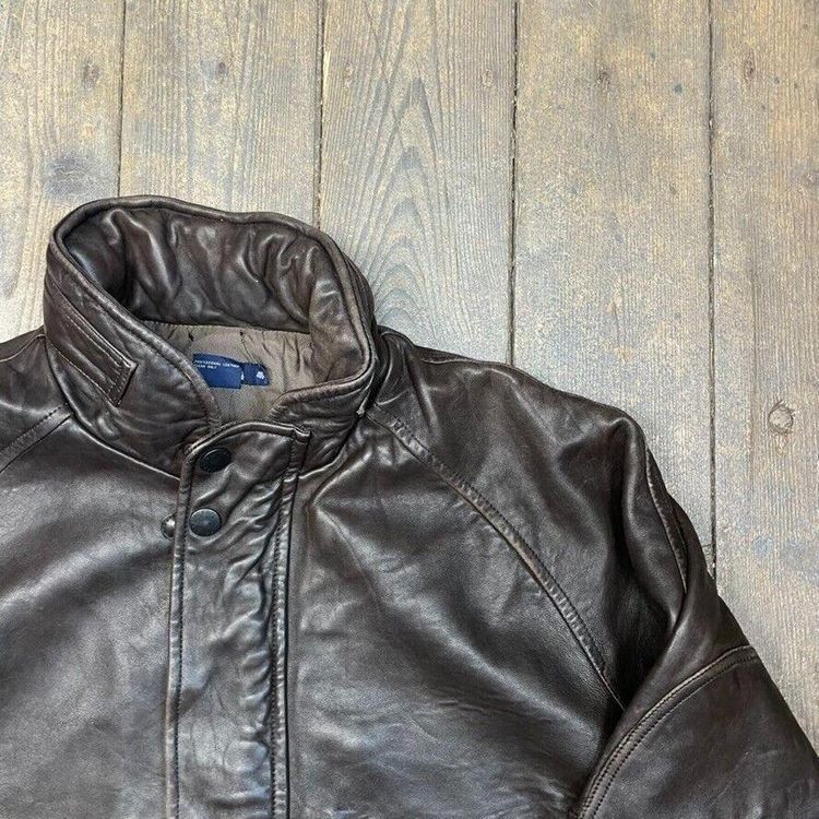 Nautica Leather Jacket 90s USA Vintage Full Zip Bomber Coat, Brown, Mens 2XL 2