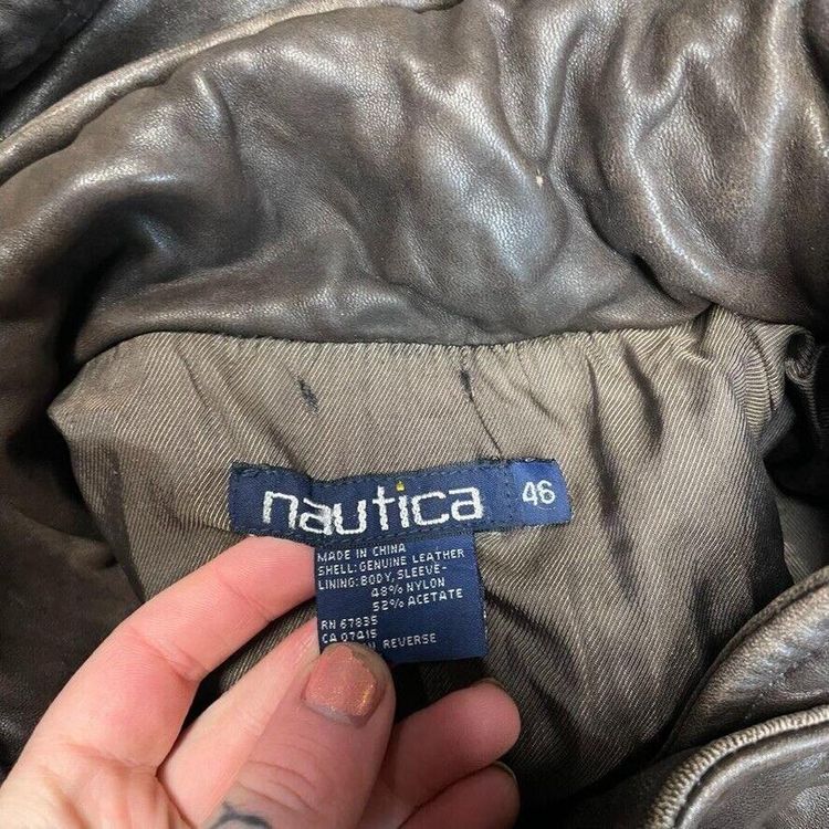 Nautica Leather Jacket 90s USA Vintage Full Zip Bomber Coat, Brown, Mens 2XL 7