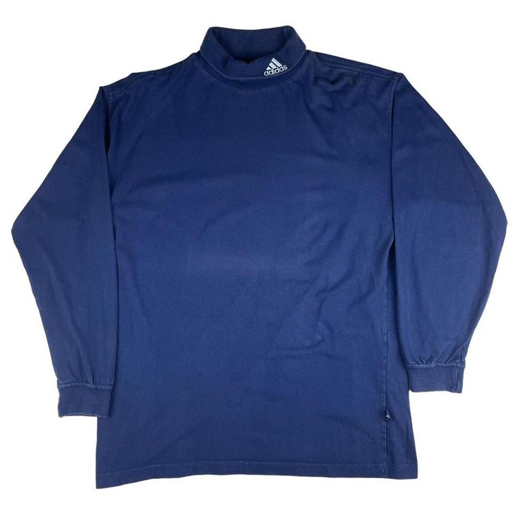 90s Vintage Adidas Embroidered Turtle Neck Long Sleeve Tee Navy Blue Large
