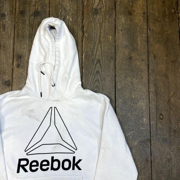 Reebok Hoodie Spellout Vintage Sports Sweatshirt, White, Mens Large 2