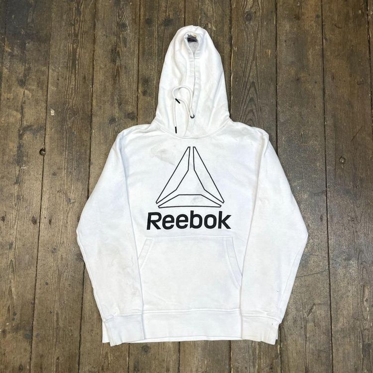 Reebok Hoodie Spellout Vintage Sports Sweatshirt, White, Mens Large