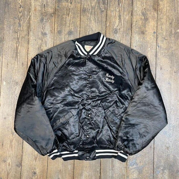 Vintage Bomber Jacket Satin USA Baseball 90s Sports Coat Black Mens Large 1