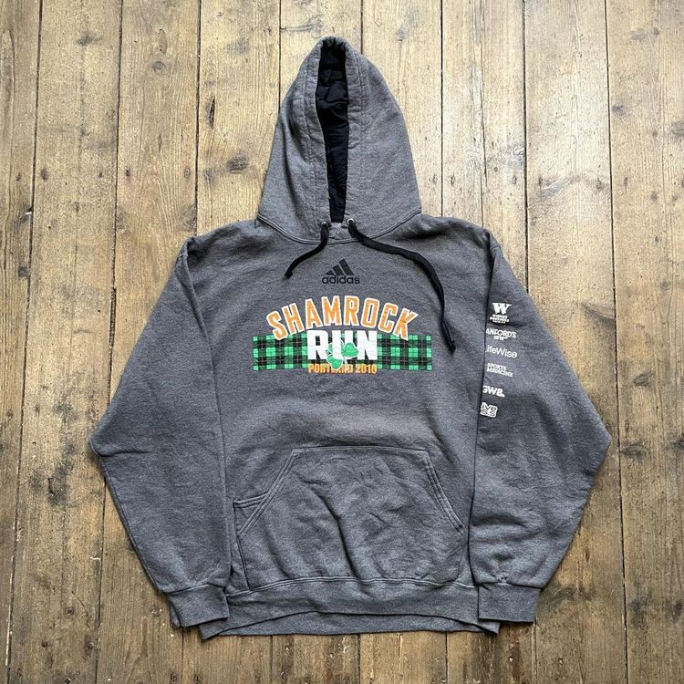 Adidas College Hoodie Spellout Y2K Sports Sweatshirt, Grey, Mens Large