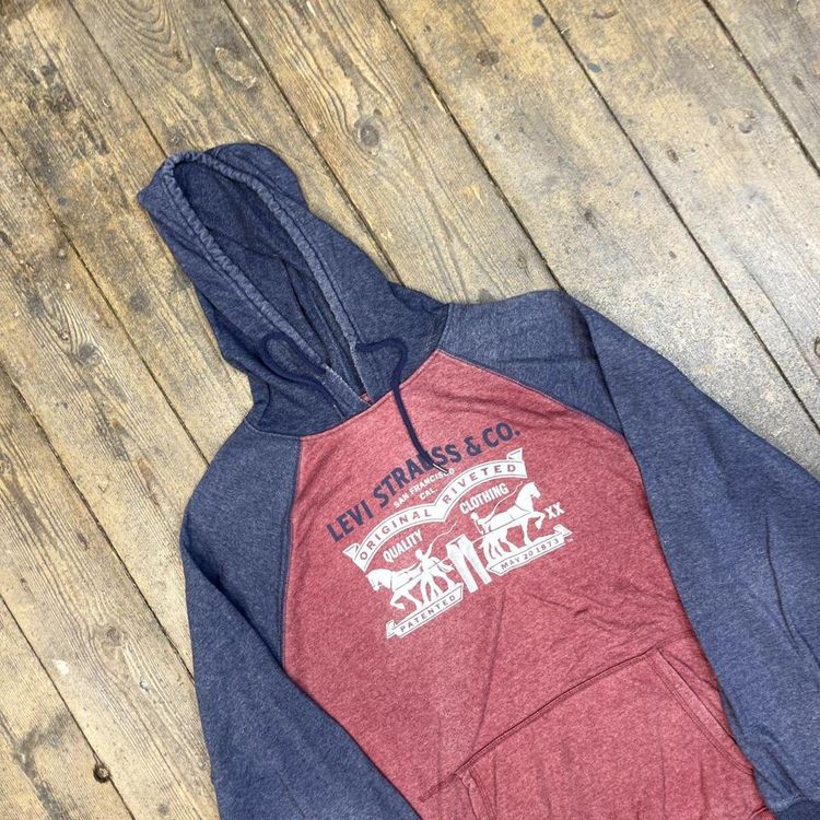 Levis Hoodie Spellout Y2K Pull Over Sports Sweatshirt, Red Blue, Mens Medium 3