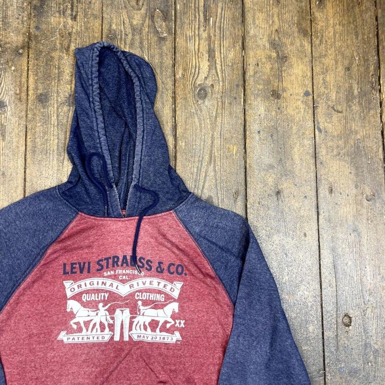 Levis Hoodie Spellout Y2K Pull Over Sports Sweatshirt, Red Blue, Mens Medium 2