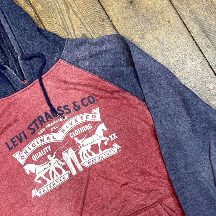 Levis Hoodie Spellout Y2K Pull Over Sports Sweatshirt, Red Blue, Mens Medium 4