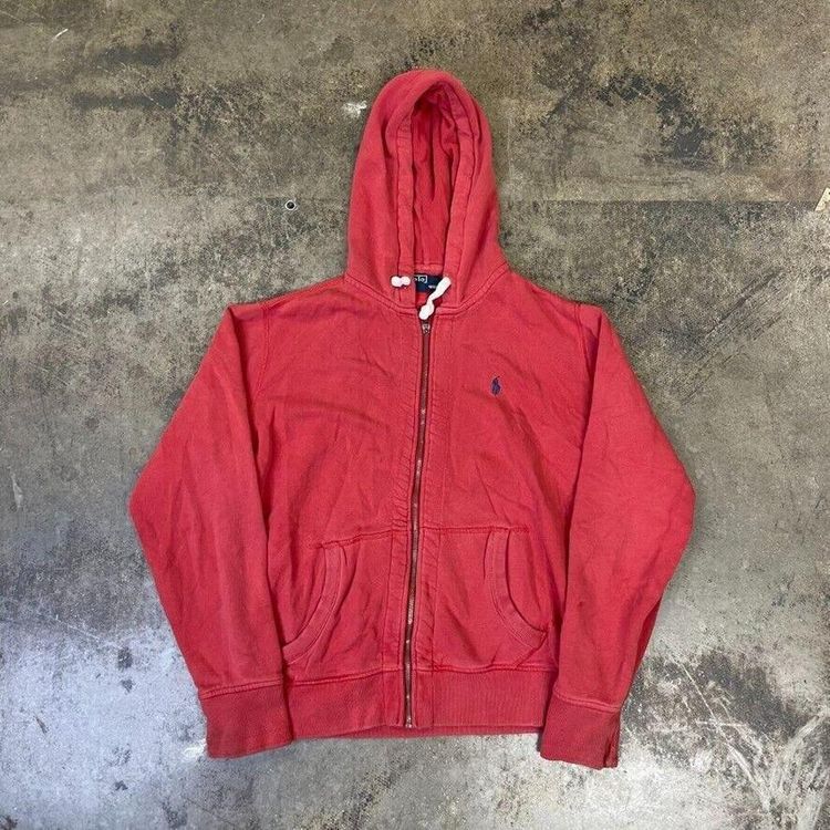 Ralph Lauren Polo Hoodie Vintage Y2K Full-Zip Sweatshirt, Pink Red, Mens Medium