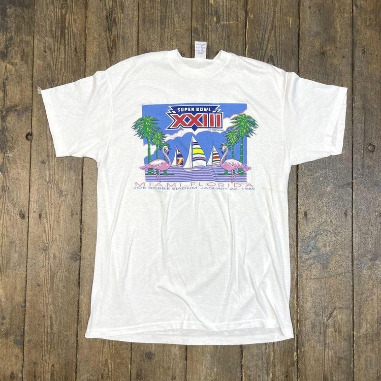 NFL Super bowl T-Shirt FLorida USA Graphic 80s Sports Tee, White, Mens XL