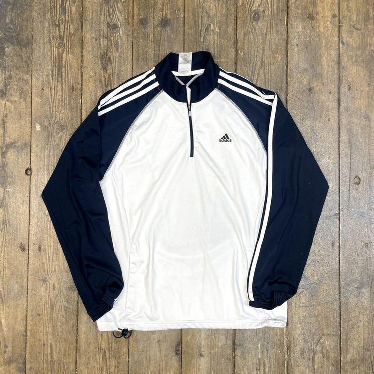 Adidas Sweatshirt Half Zip Y2K Sports Jumper, White Blue, Mens Medium 1